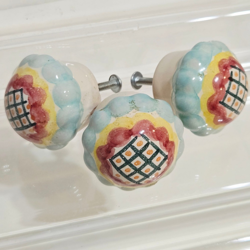 MacKenzie-Childs Colorful Grid Knobs Set 3 Scalloped edge Terraotta ~ Huge Set